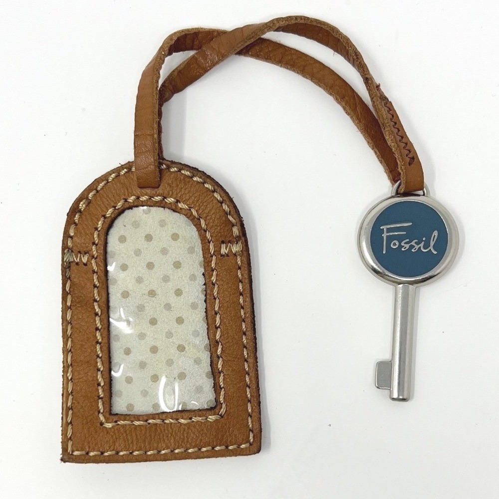 Fossil‎ Leather Luggage Tag and Signature Key Bag Charm Brown Teal Silver Travel